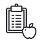 A black and white icon of an apple next to a clipboard.