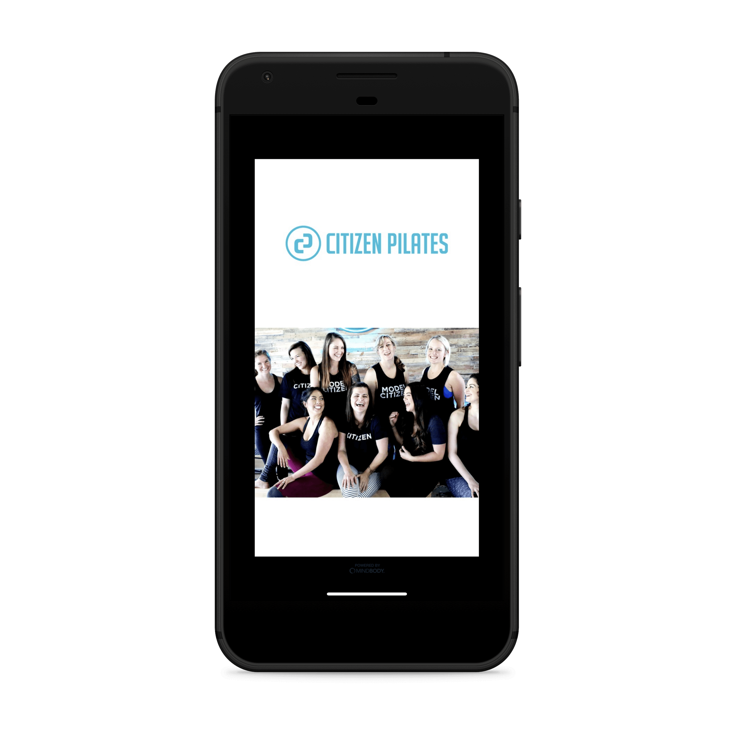 A cell phone with the citizen pilates logo on it.