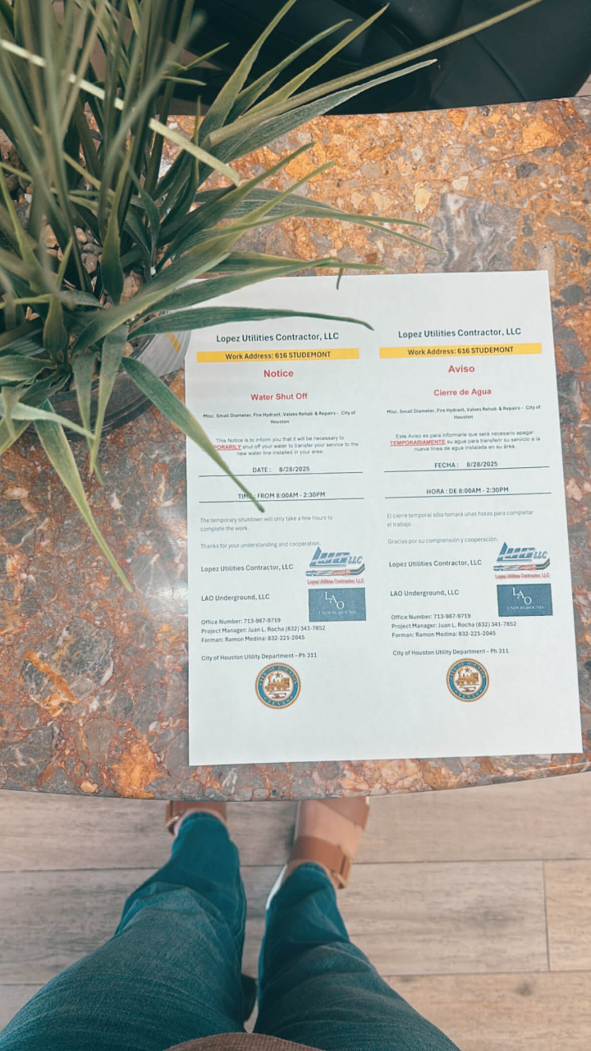 Water shut off notice from the City of Houston posted at a local nail salon, illustrating the need for a small business backup plan.